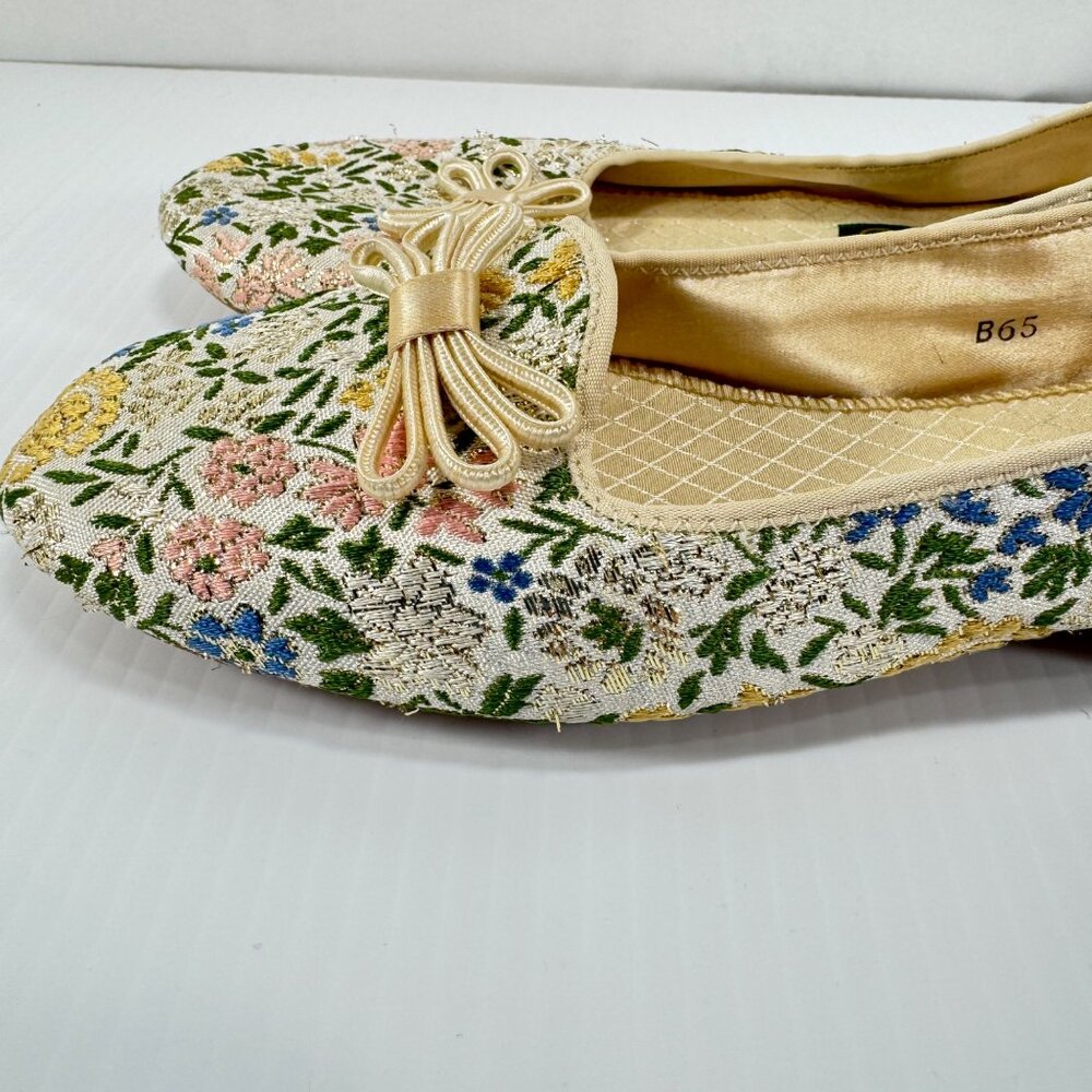 Vintage Daniel Green Slippers Womens 6 1/2 B Lotus Satin Lined Floral Brocade Ta - Picture 5 of 16